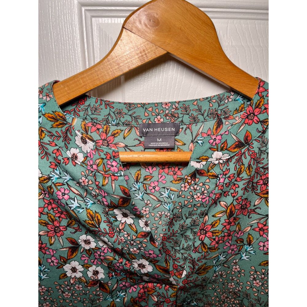 Van Heusen Womens Floral Blouse Green Pink Roll Tab Sleeve Top Size Medium